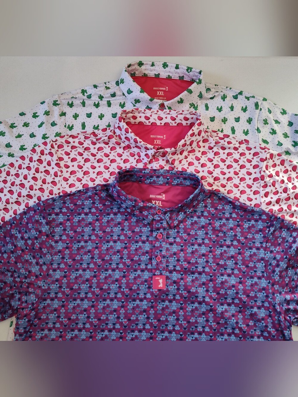 Lot of 3 Bogey Bros Golf Men's Polo Shirts Whale Tail Pink Taco Cactus 2XL EUC